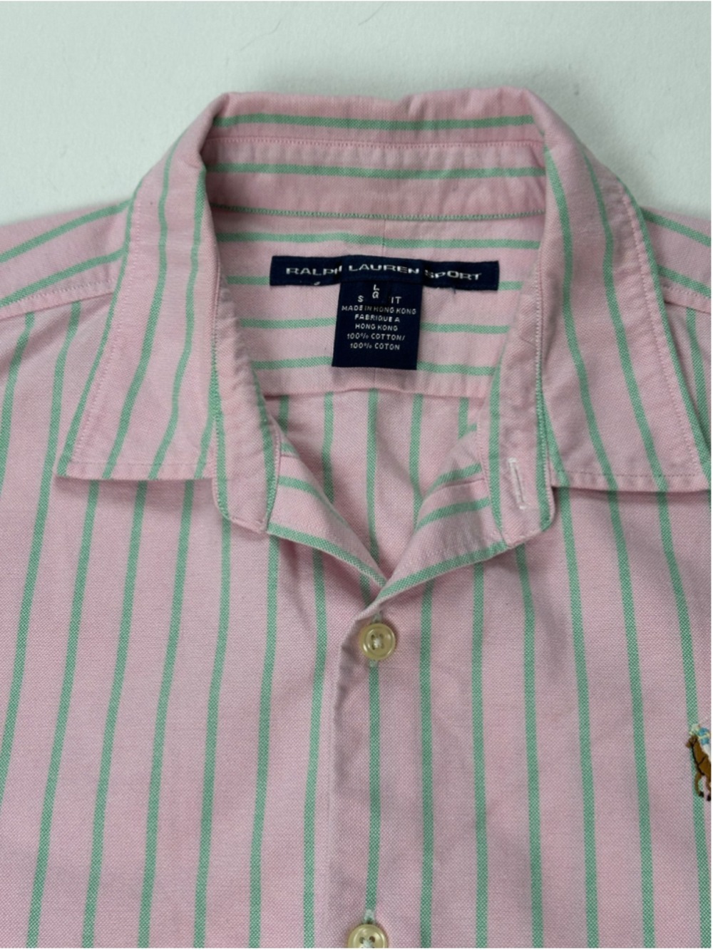 Vintage Ralph Lauren Sport Women’s Pink Green Stripe Oxford Shirt Hong Kong Slim - Picture 6 of 12
